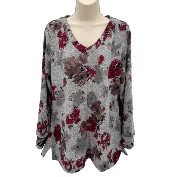 Ellen Tracy Womens Gray/Red Romance Floral Print V-Neck Long Sleeve Top Size L - Picture 1 of 9